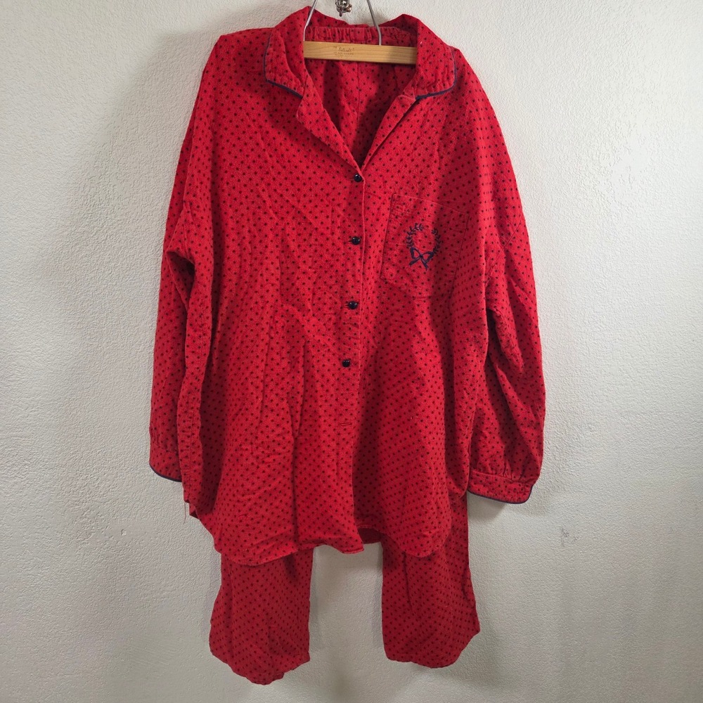 Lanz of Salzburg Vintage Red Polka Dot Flannel Pajama Set Large Made in USA